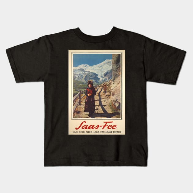 Saas Fee, Valais, Ski Poster Kids T-Shirt by BokeeLee